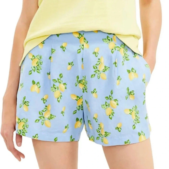 LOFT Lemon Print Pull On Shorts Blue Linen Elastic Waist Size Large with pockets - Picture 1 of 8